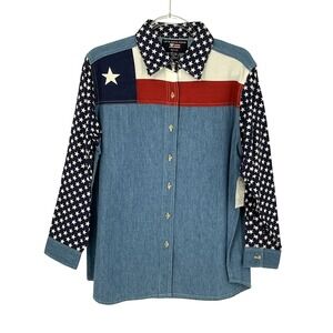 Lets Quizz Again Women Patriotic Denim Shirt L Petite Retro Western Cowgirl NWT